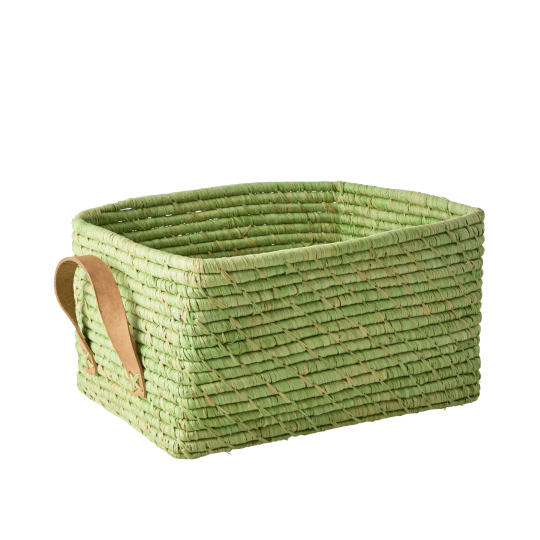 Rice - Raffia Rectangular Basket w. Leather Handle - Soft Green