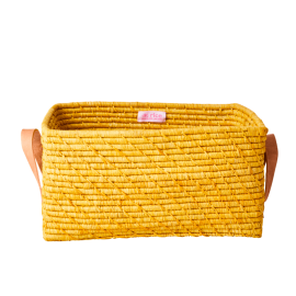 Rice - Raffia Rectangular Basket w. Leather Handle in Yellow