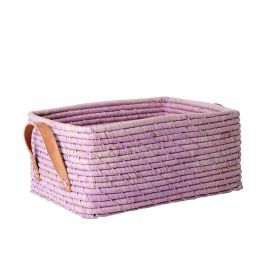 Rice - Raffia Rectangular Basket w. Leather Handle Lavender