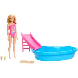 Barbie - Dukke og pool legesæt med rutshebane og accesories HRJ74
